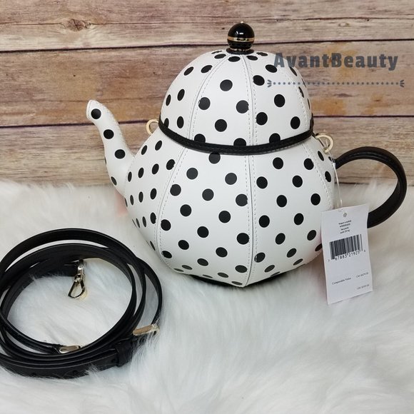 Kate Spade New Teapot Tea Party Polka Dots Black White Kettle Alice Wonderland - Picture 12 of 14